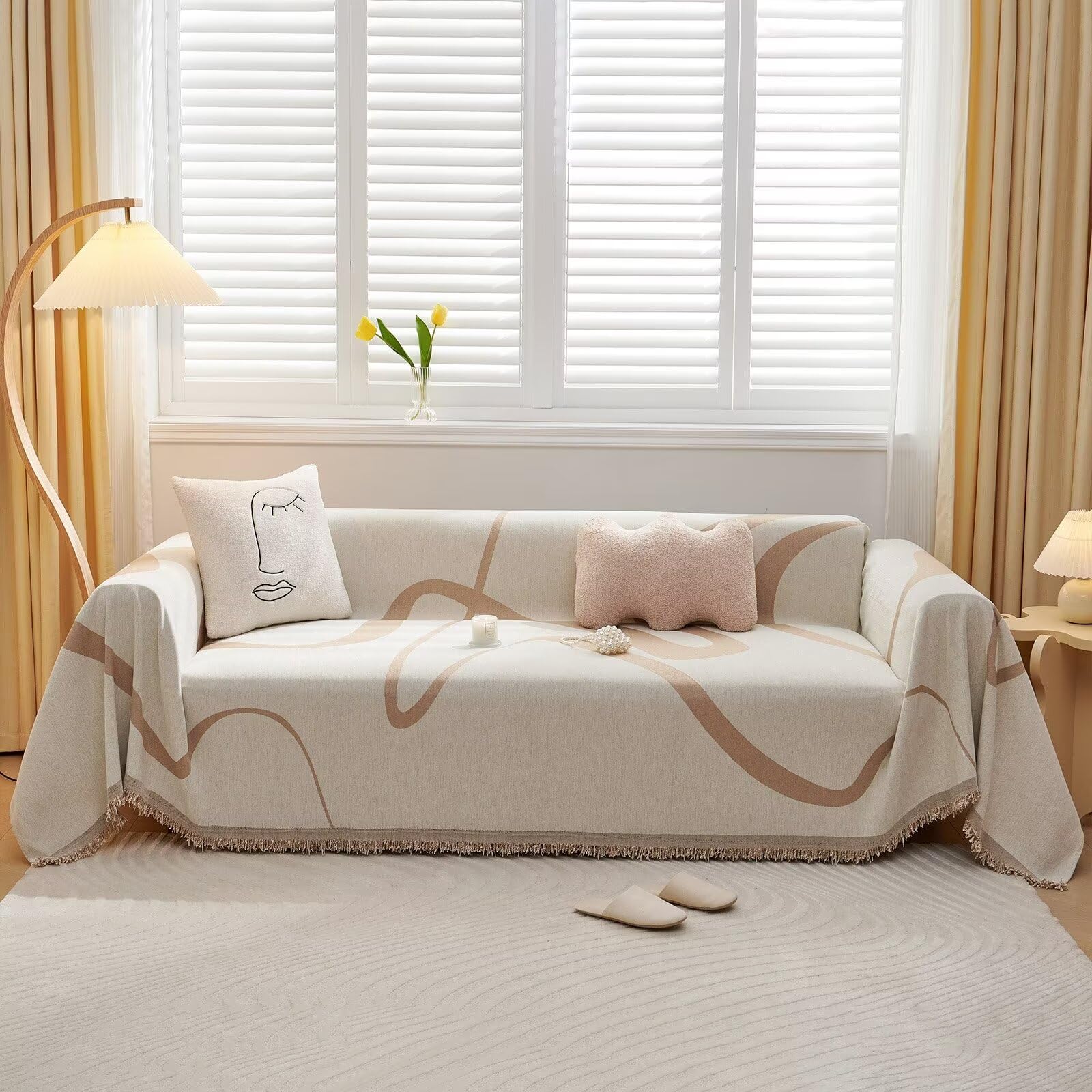 Vclife Soft Chenille Couch Cover Modern Khaki Tan Beige Stripe Sofa Slipcover For Sectional Couch, 1 Piece Modern Geometric Jacq