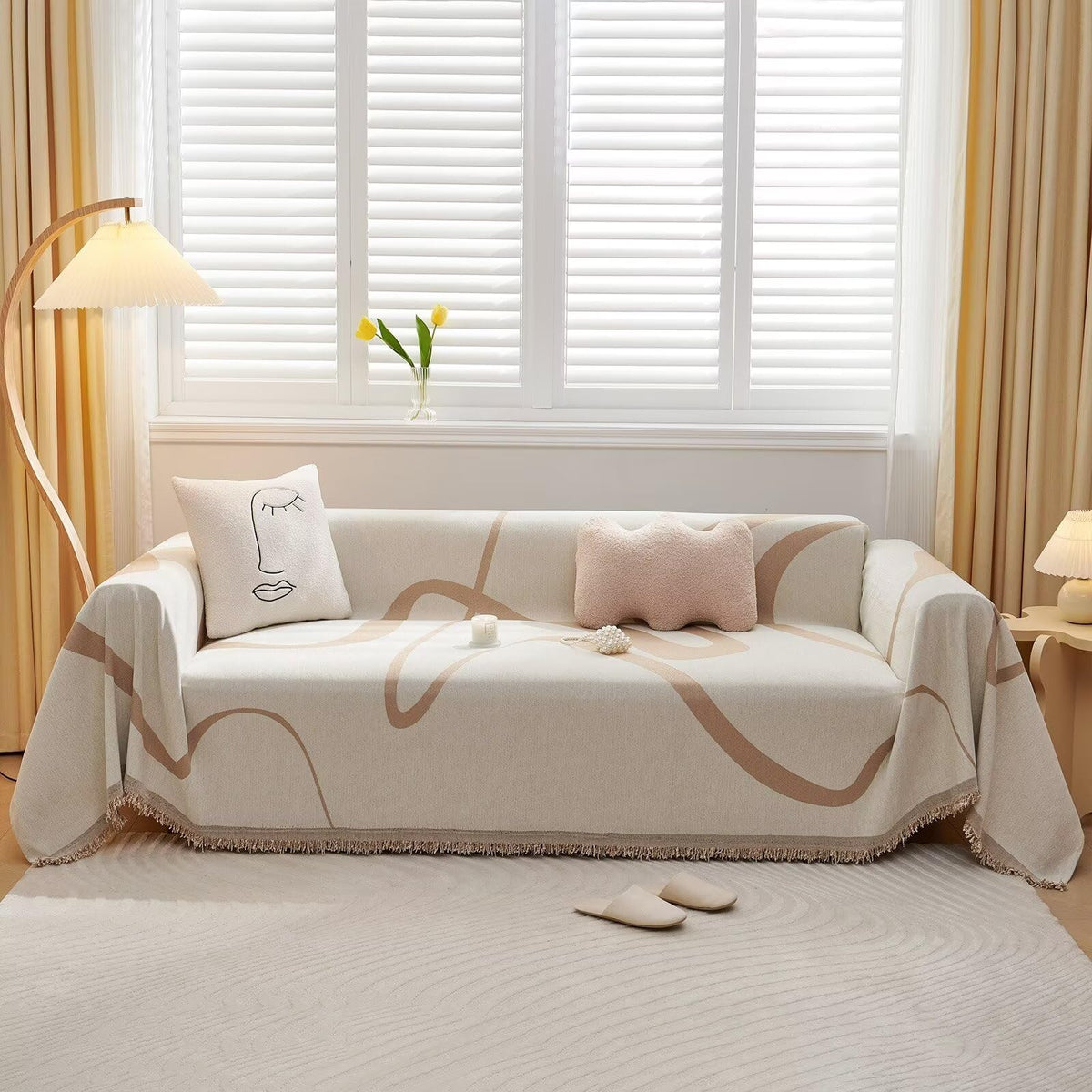 Vclife Soft Chenille Couch Cover Modern Khaki Tan Beige Stripe Sofa Slipcover For Sectional Couch, 1 Piece Modern Geometric Jacq