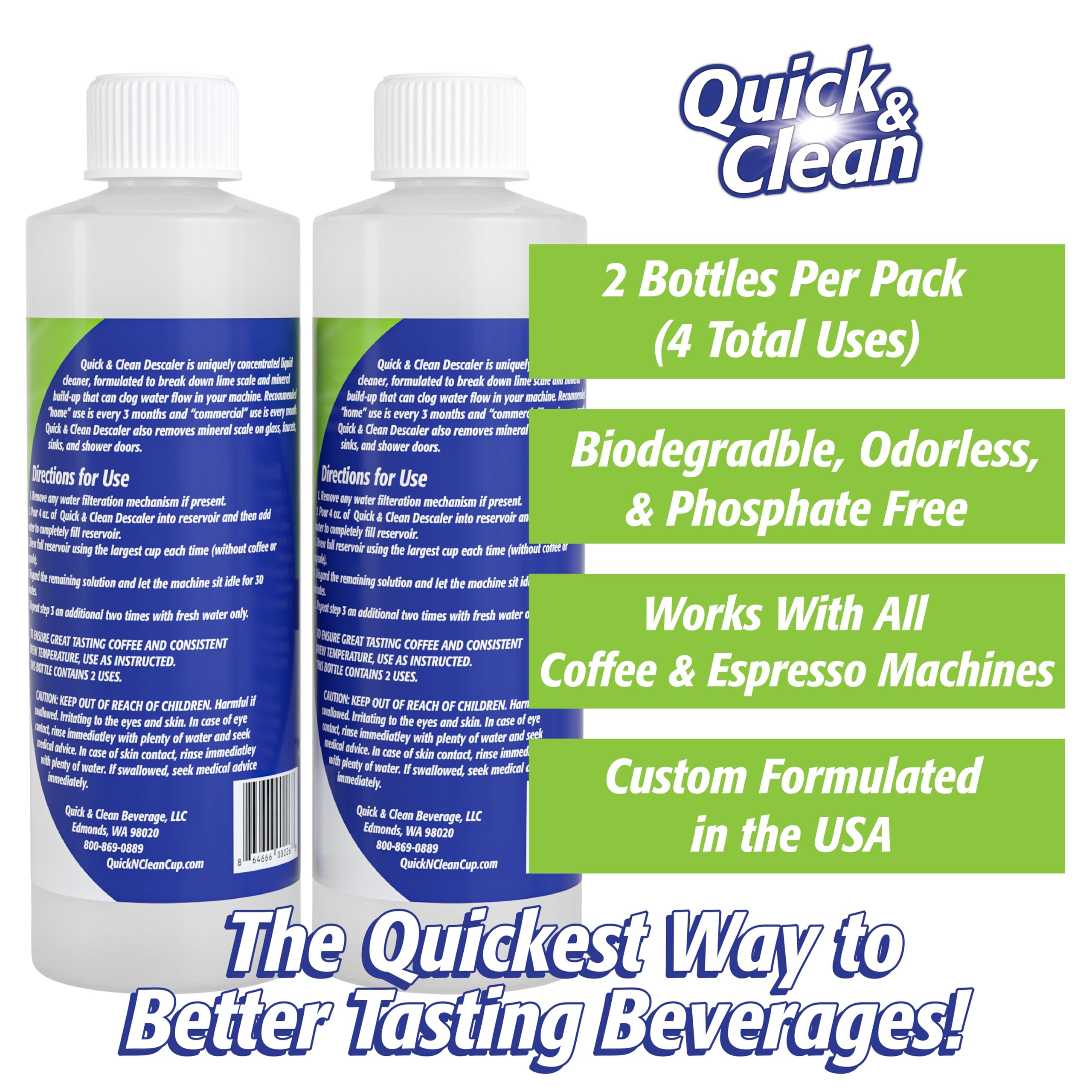 Quick & Clean 2-Pack Descaler (4 Total Uses) - Made In The Usa - Descaling Solution For Keurig, Nespresso, Ninja, Delonghi, Coff
