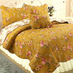 Cozy Line Home Fashions Perry Mustard Yellow Floral Blooming Flower Printed 100% Cotton Vintage Quilt Bedding Set Reversible Cov