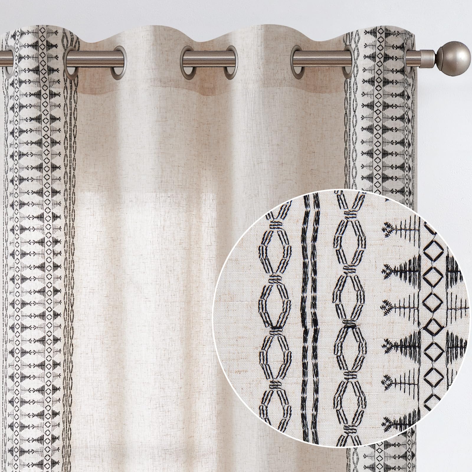 jinchan Boho Curtains Embroidered Linen Blend Window Curtains for Bedroom, Drapes 84 Inch Length 2 Panels Set, Geometry Grommet 