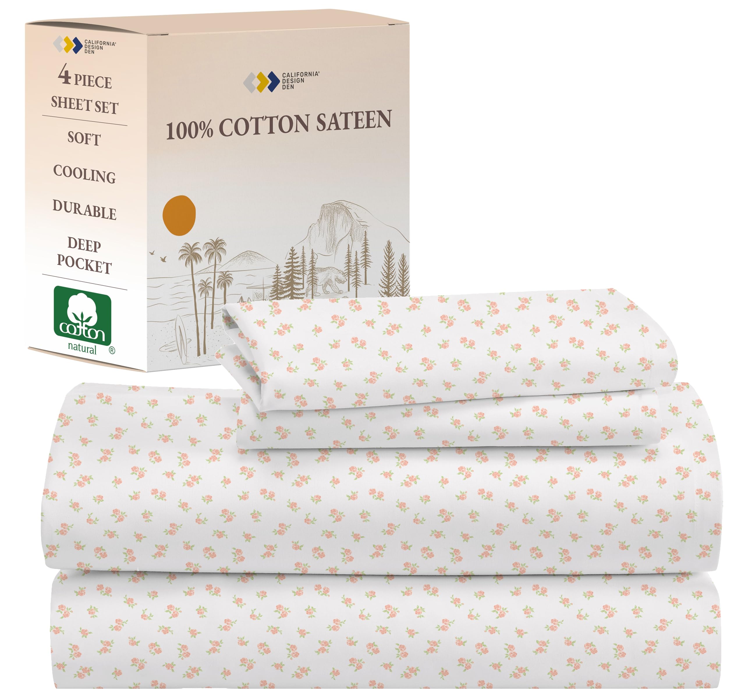 California Design Den Full Sheet Set Floral Pattern, 100% Cotton, Deep Pocket Full Sheets & Pillowcase Set - Chic Floral