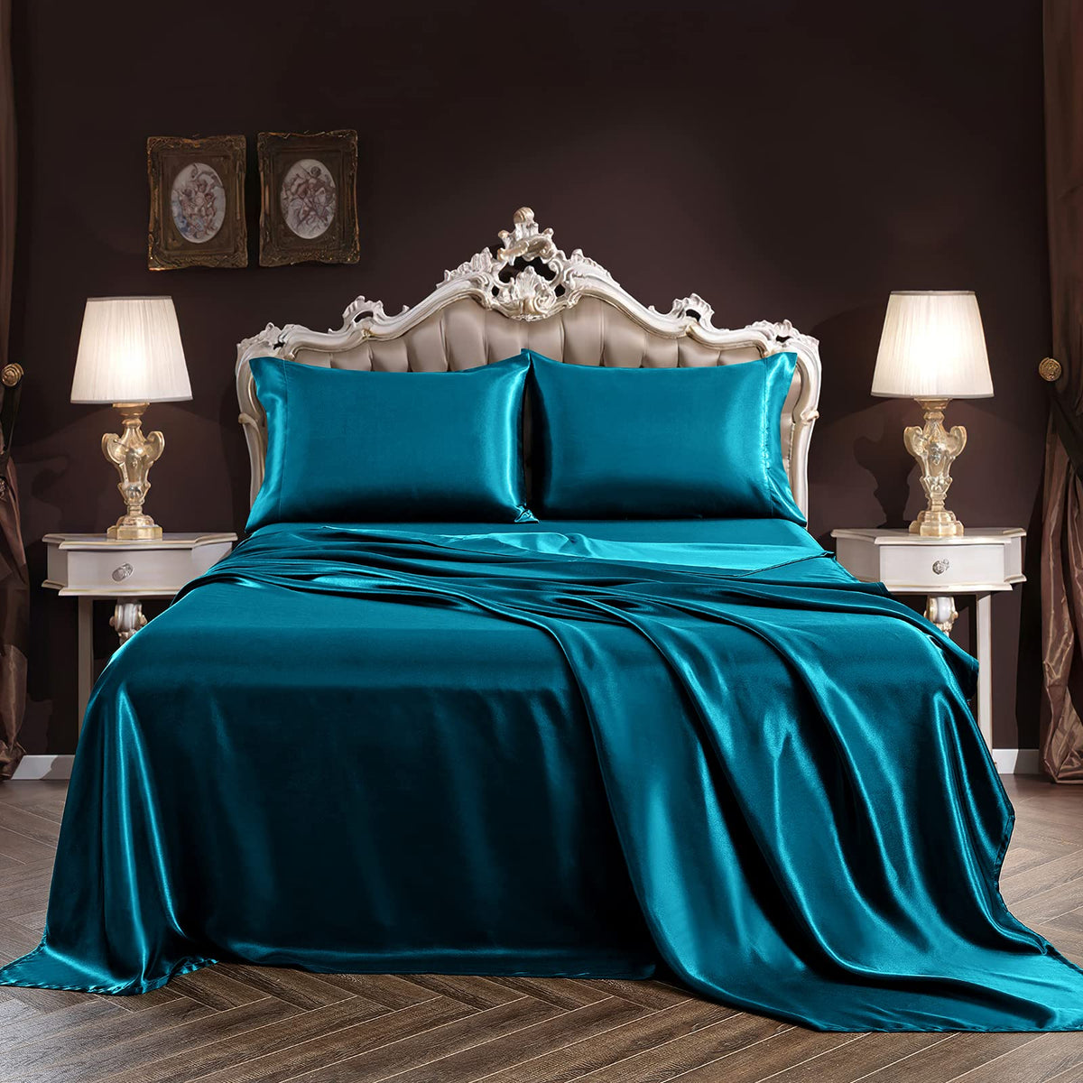 Siinvdabzx 4Pcs Satin Sheet Set King Size Ultra Silky Soft Teal Satin King Bed Sheets With Deep Pocket, 1 Fitted Sheet, 1 Flat S