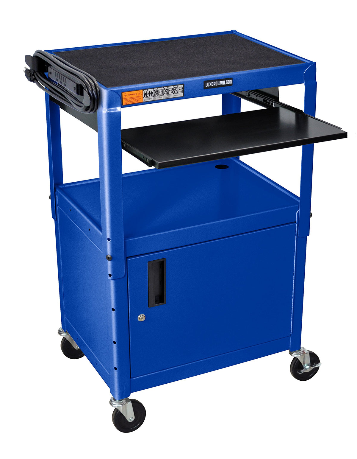 LUXOR AVJ42KBC-RB Steel AV Cart with Adjustable Height, Storage Cabinet and Keyboard Pullout Tray, Blue