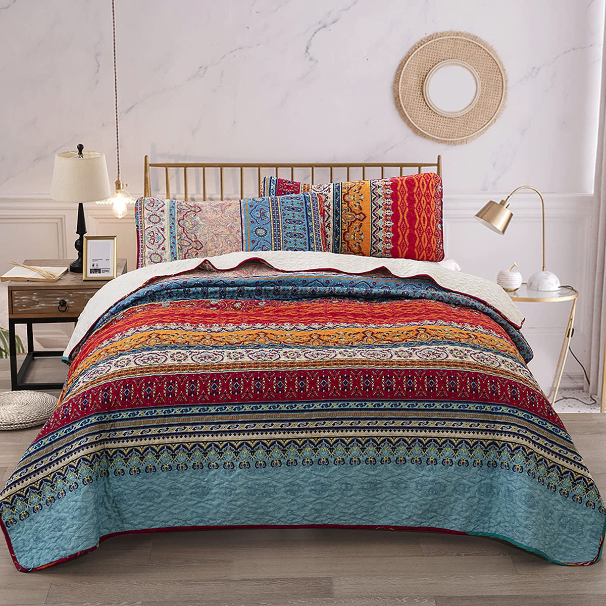 Wongs Bedding Bohemian Quilt Set California King, Boho Striped Pattern Quilts Bedspread Set For All Season, Soft Microfiber Cove