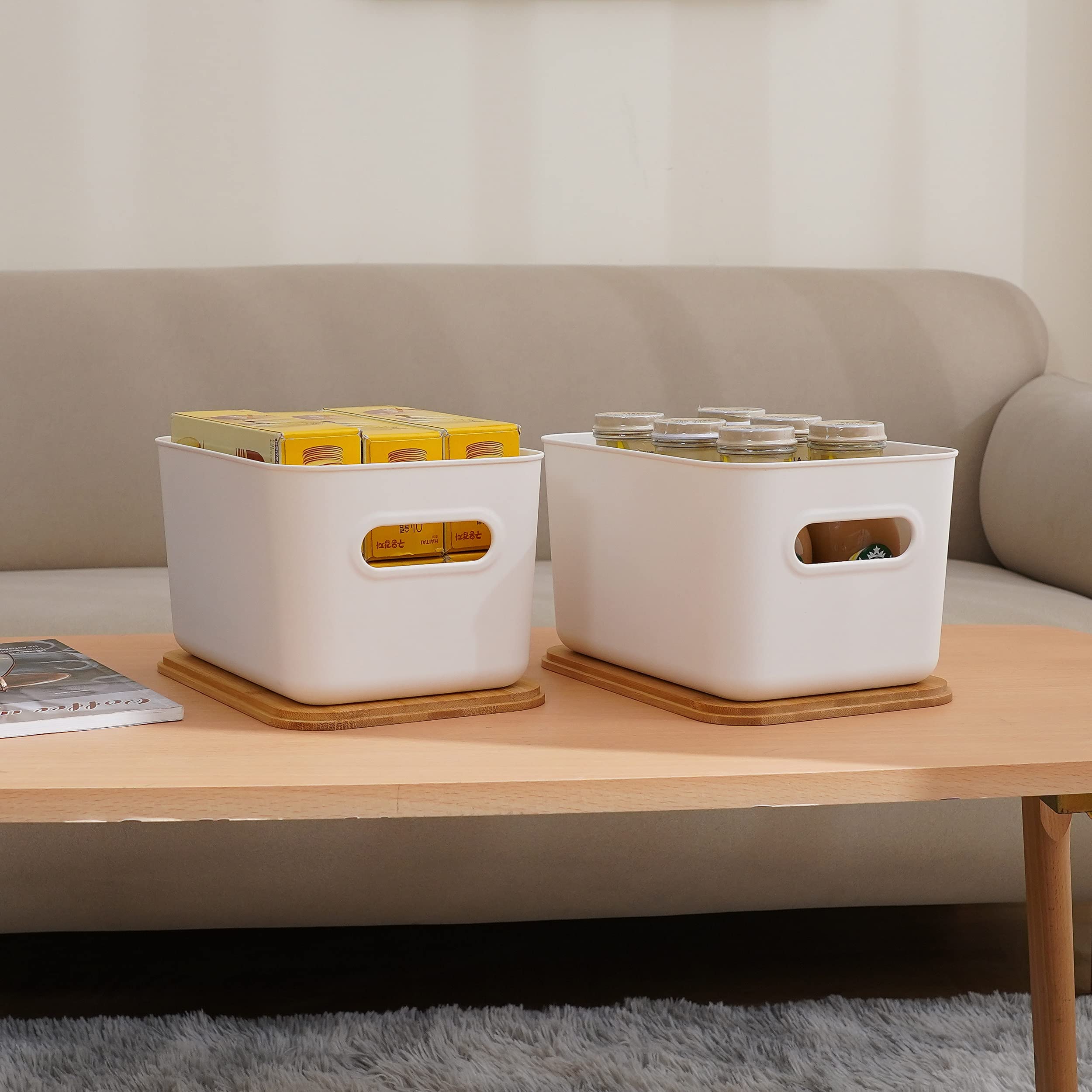 Citylife 2 Pcs Storage Bins With Bamboo Lids Plastic Storage Containers For Organizing Stackable Storage Box With Handle, 10.23