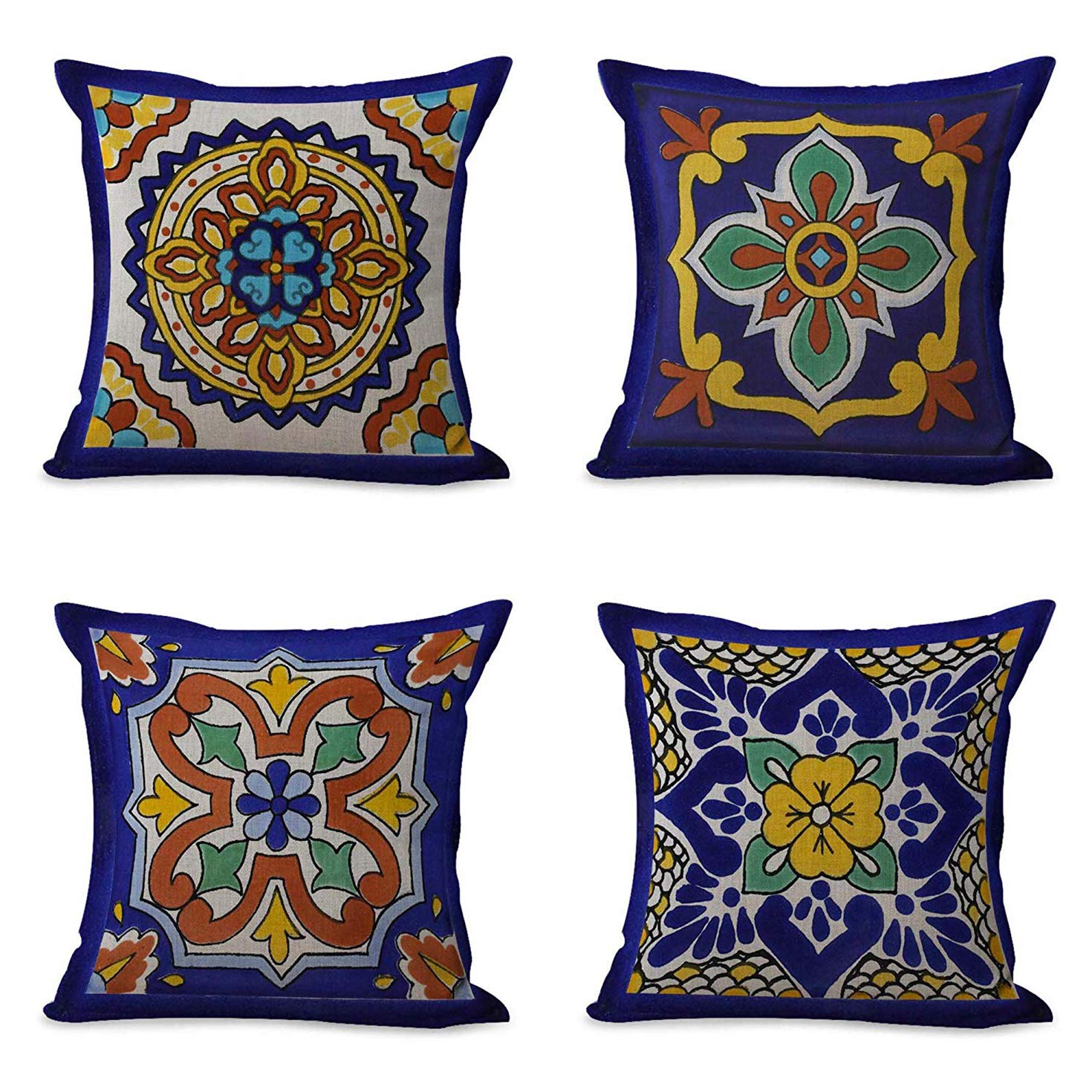 Semtomn Set Of 4 Linen Throw Pillow Covers Spanish Talavera Exotic Geometry Dark Retro Ethnic Home Decorative 18'X18' Flax Pil