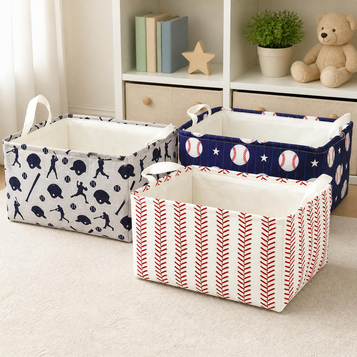 3 Pack Baseball Rectangle Storage Basket Boys Sports Shefl Basket Collapsible Bin for Nursery Closet Shelves Bedroom (Baseball)