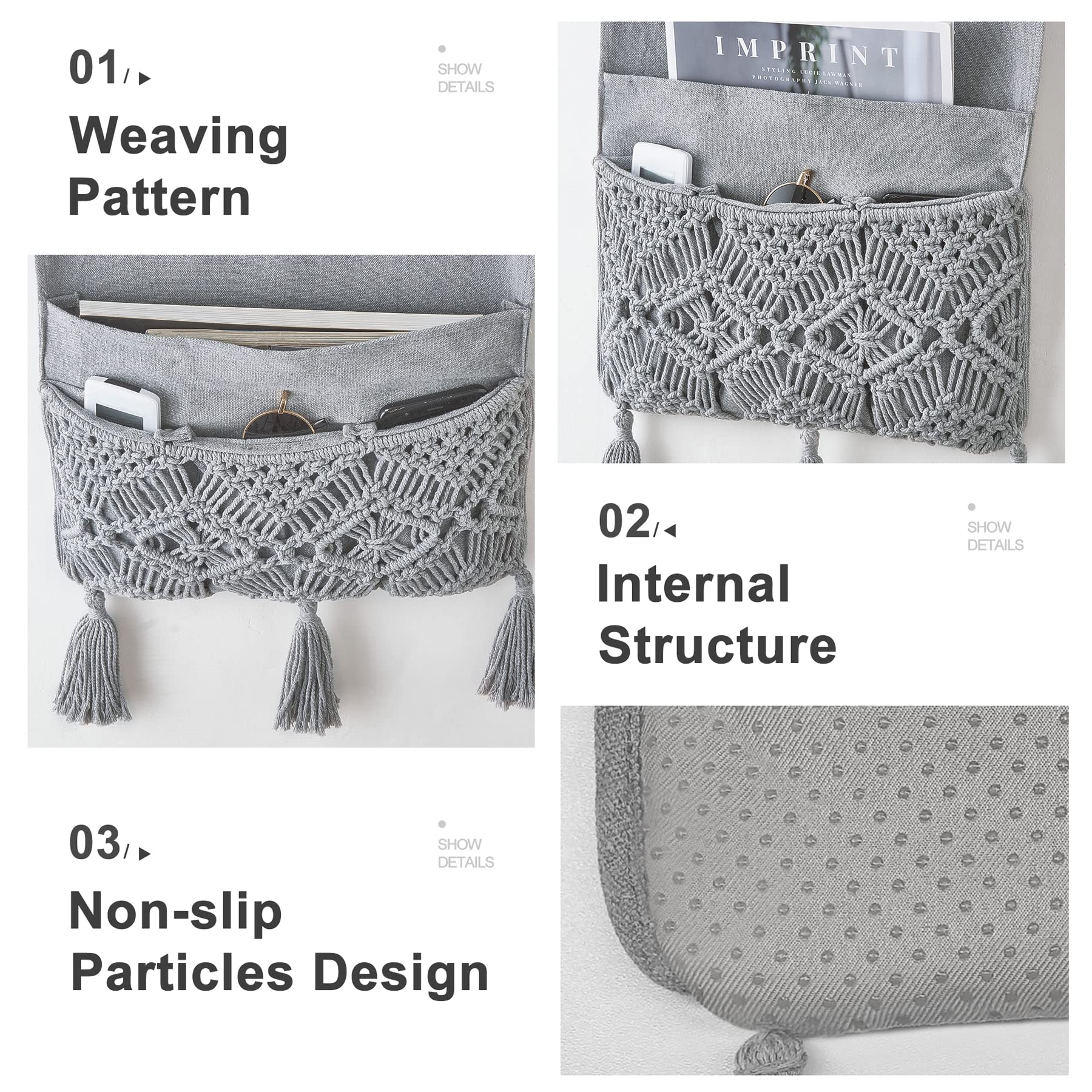 Mkono Macrame Sofa Armrest Organizer Remote Control Holder Magazine Storage Basket Bed Couch Chair Arm Bedside Caddy For Tv Remo