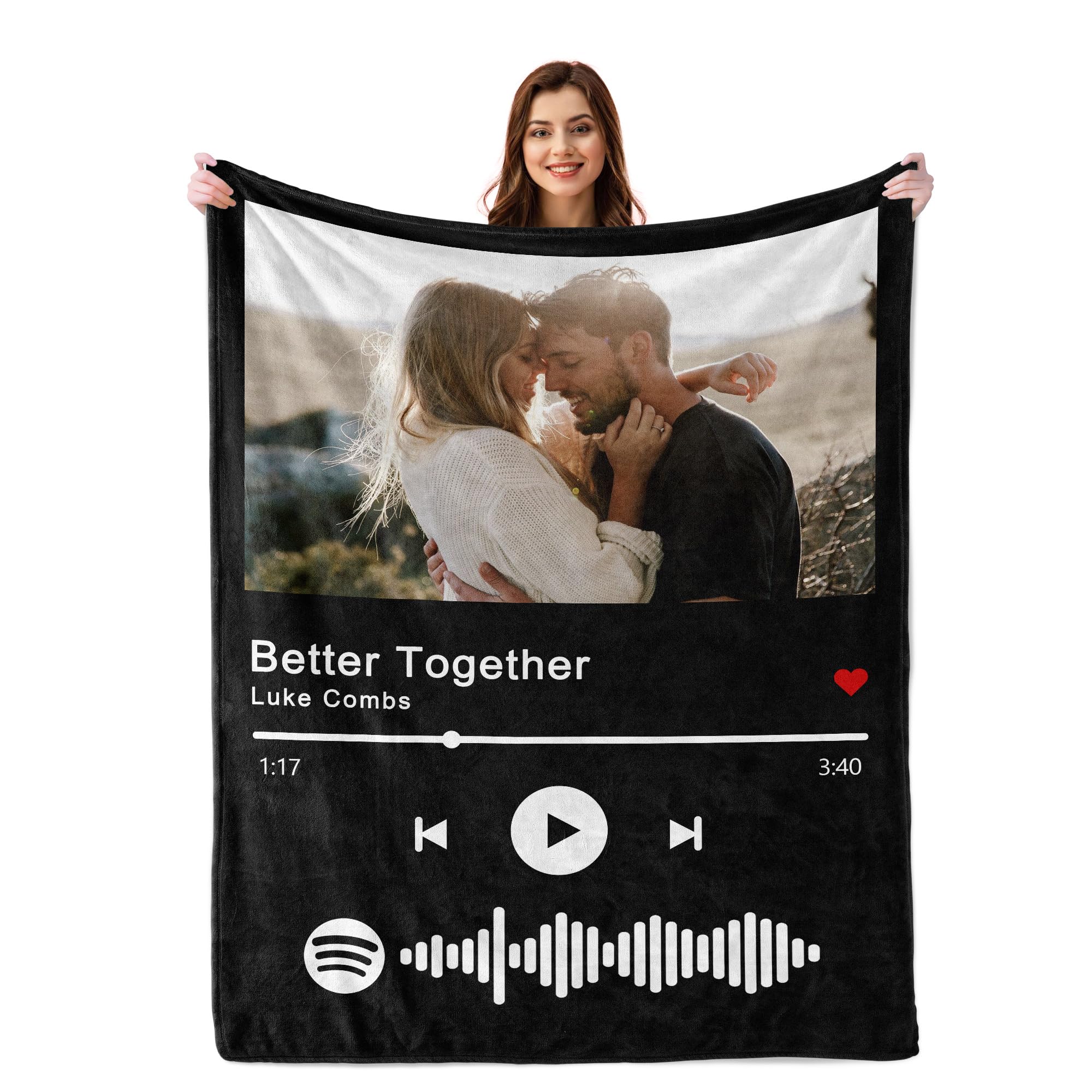 Prints Fun Personalized Spotify Code Music Blanket, Customized Couples Gifts With Photos For Boyfriend Girlfriend, Custom Throw