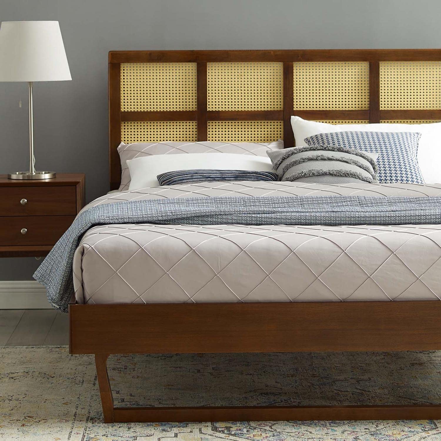 Modway Sidney Cane Rattan And Wood Queen Platform Bed In Walnut With Angular Legs