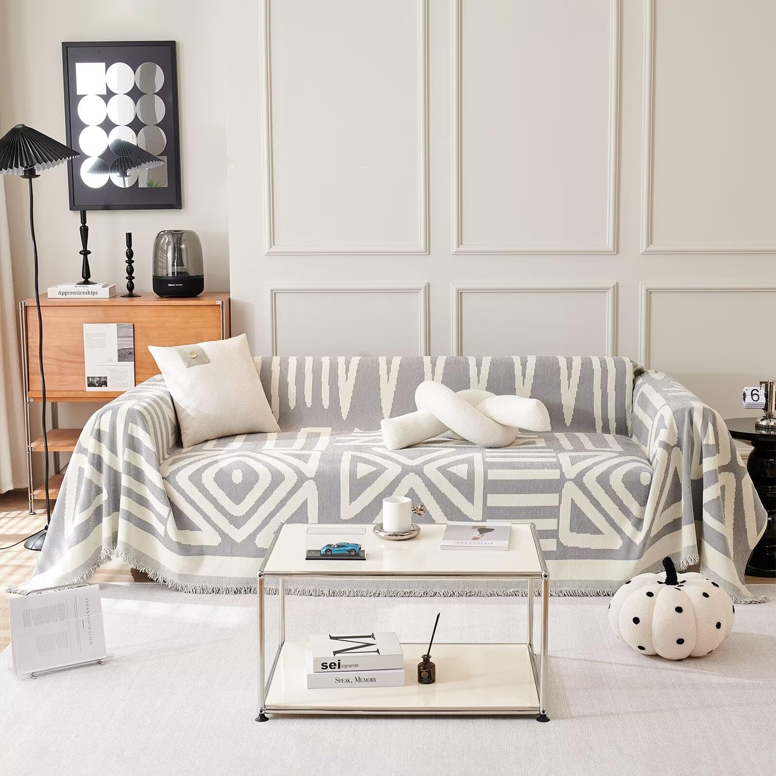 Vclife Oversized Boho Couch Cover Non-Slip Chenille Sectional Sofa Cover White Grey Geometry L Shape Sofa Cover Pet-Friendly Cou