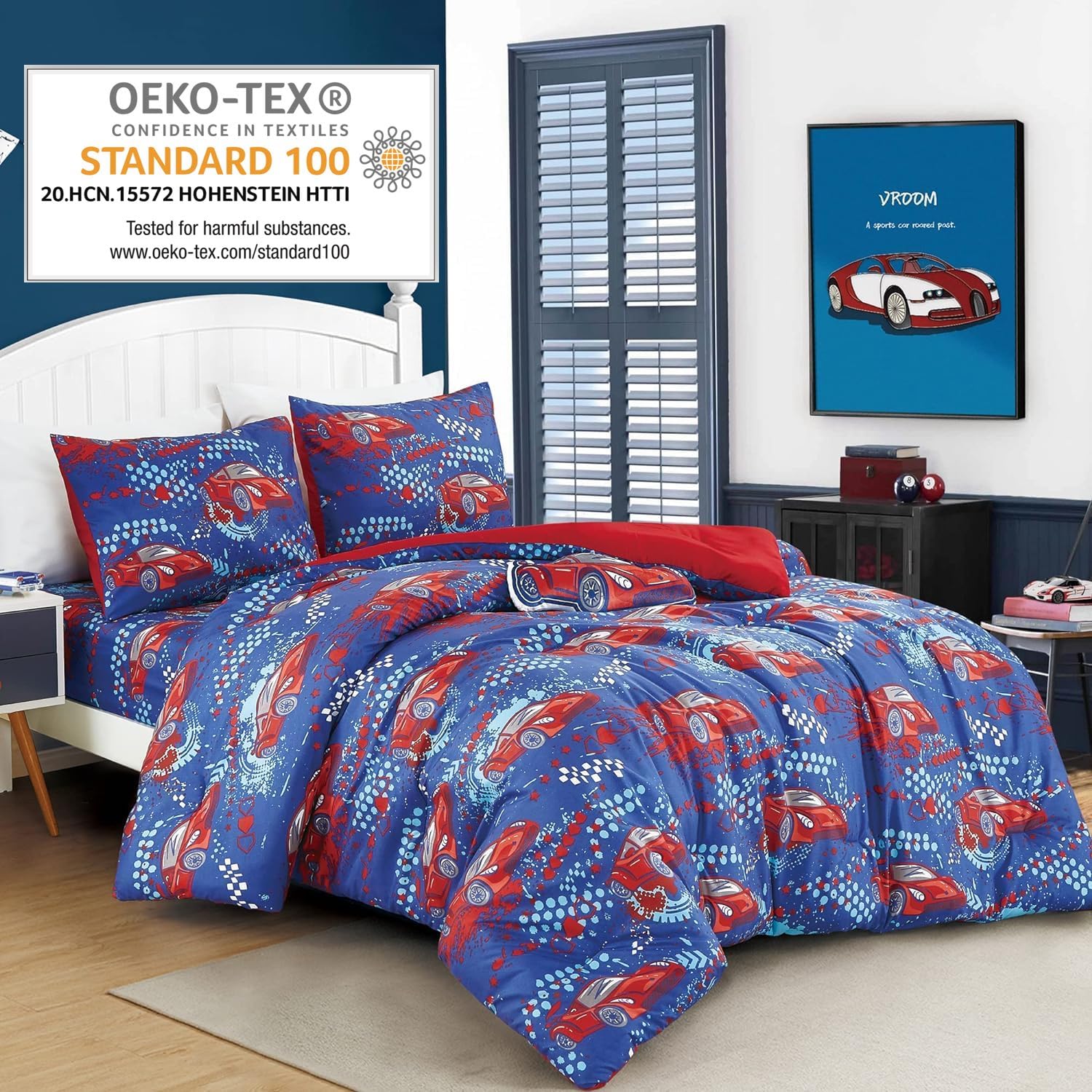 Red Race Cars Print Comforter Set For Boys Girls Teen, Full Size Bedding For Race Car Fan, Include Comforter Fitted Sheet, Pillo