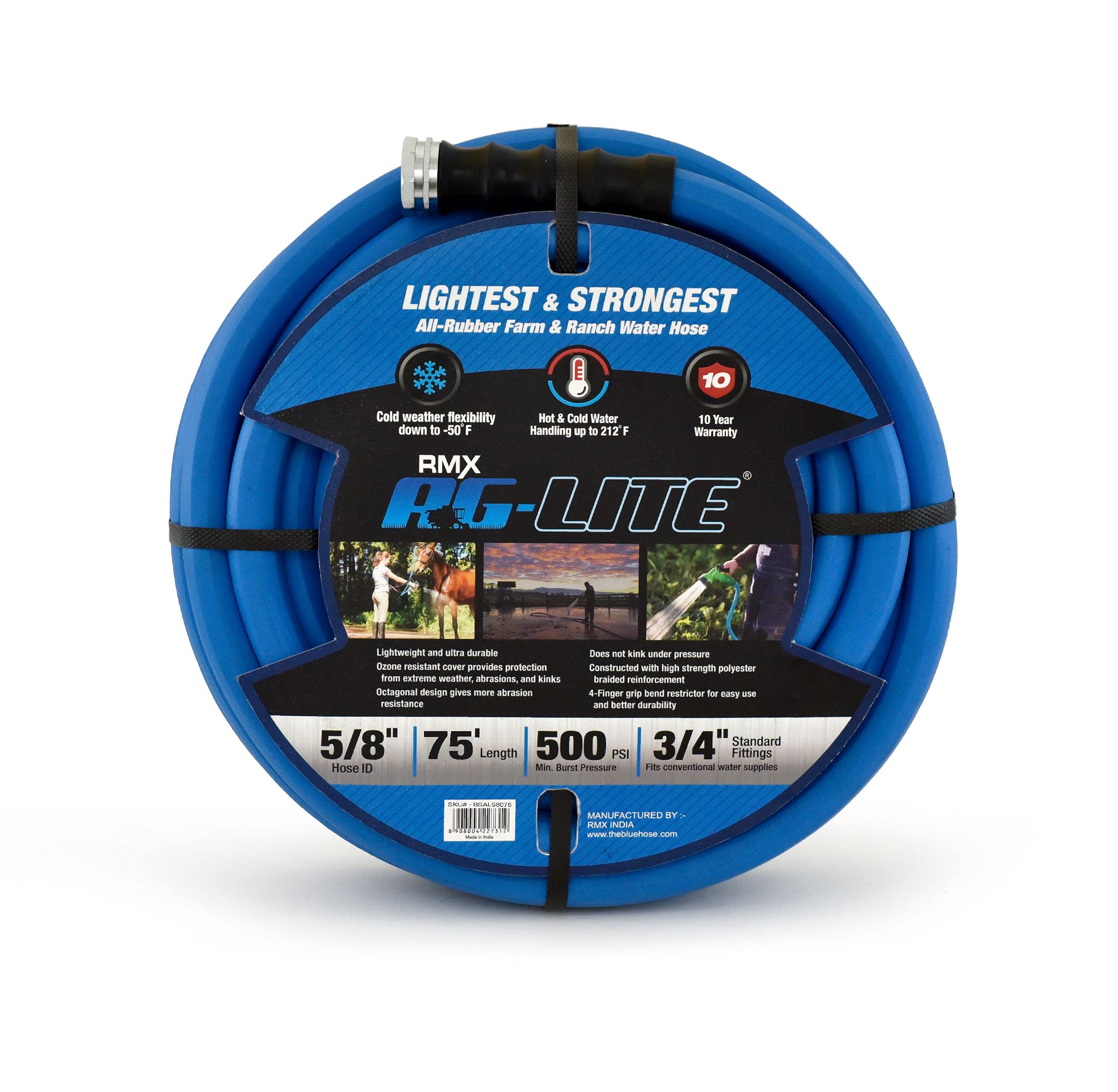 Ag-Lite Bsal5875 5/8' X 75' Hot/Cold Water Rubber Garden Hose, 100% Rubber, Ultra-Light, Super Strong, 500 Psi, 50F To 190F De