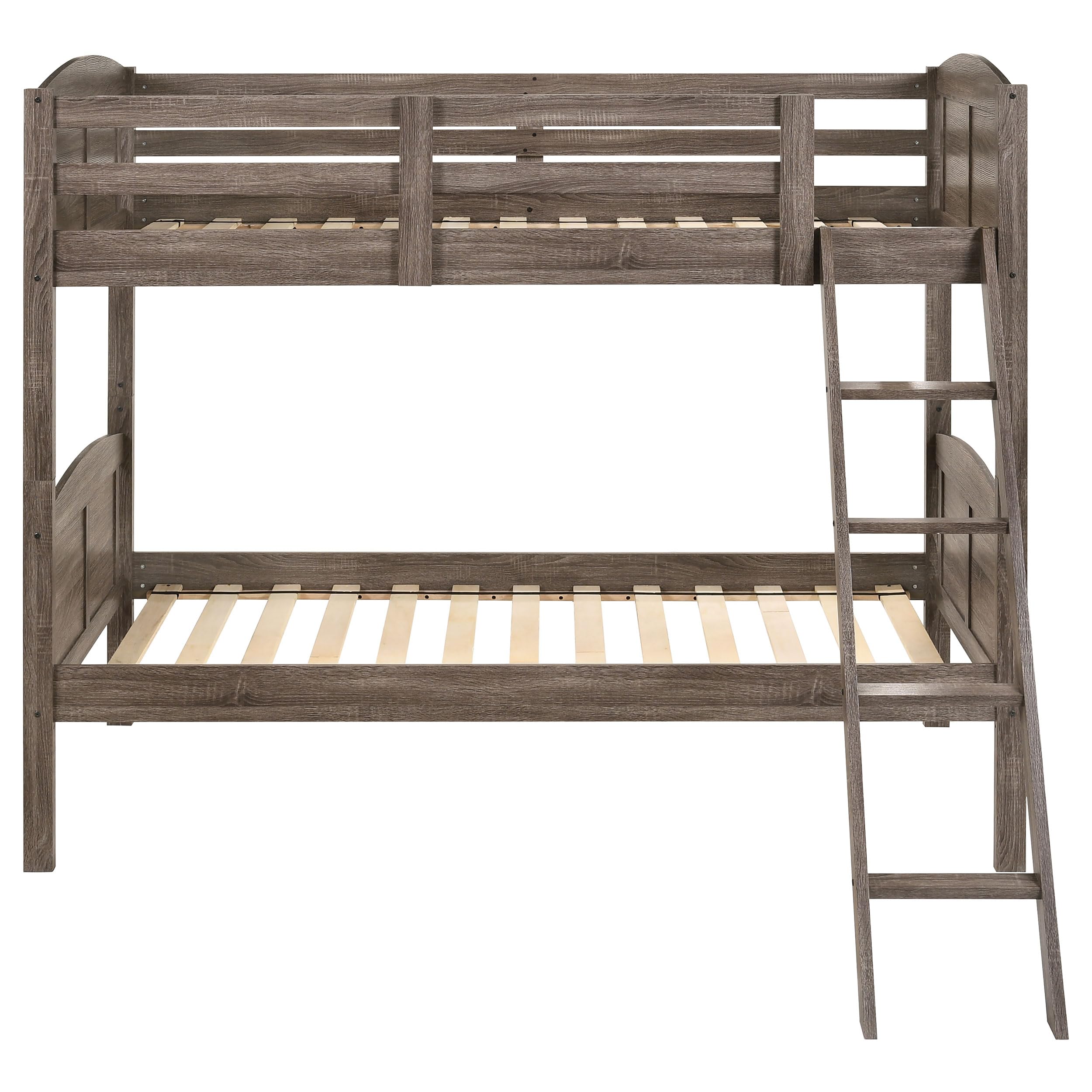 Coaster Home Furnishings Flynn Farmhouse Wood Twin Over Twin Size Bunk Bed Frame with Ladder and Guardrails Fully Slatted Mattress Ready Foundation Weathered Brown 400808