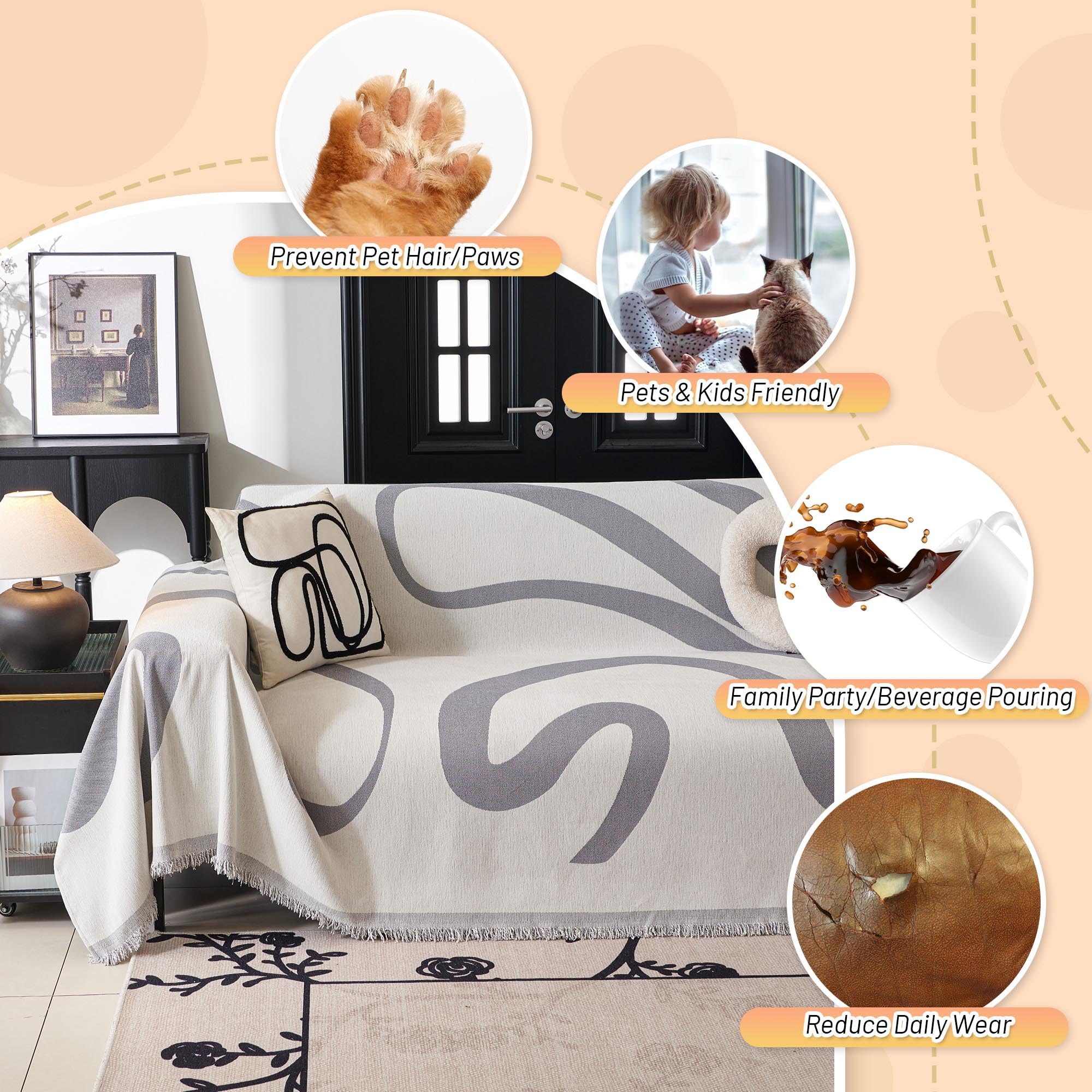 Mysky Home Boho Couch Cover Super Soft Couch Covers For 2-3 Cushion Couch Sofa, Modern Grey Jacquard Sofa Slipcover Loveseat Futon Cover, Couch Covers For Sectional Sofa, 71' X 118', Grey Curve