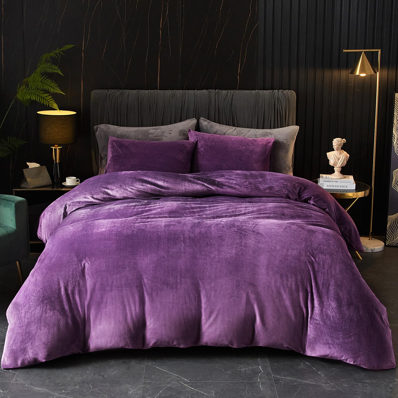 Ivellow Velvet Flannel Duvet Cover Velvet Comforter Cover Set King Size Purple Duvet Cover King Ultra Soft Breathable Cozy Velou