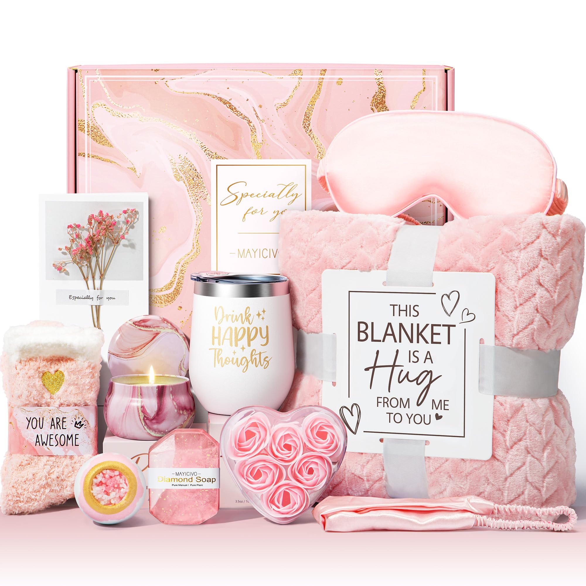 Birthday Gifts For Women Self Care Gifts Get Well Soon Gifts, Rose Relaxing Spa Gifts Basket Care Package W/ Luxury Flannel Blan