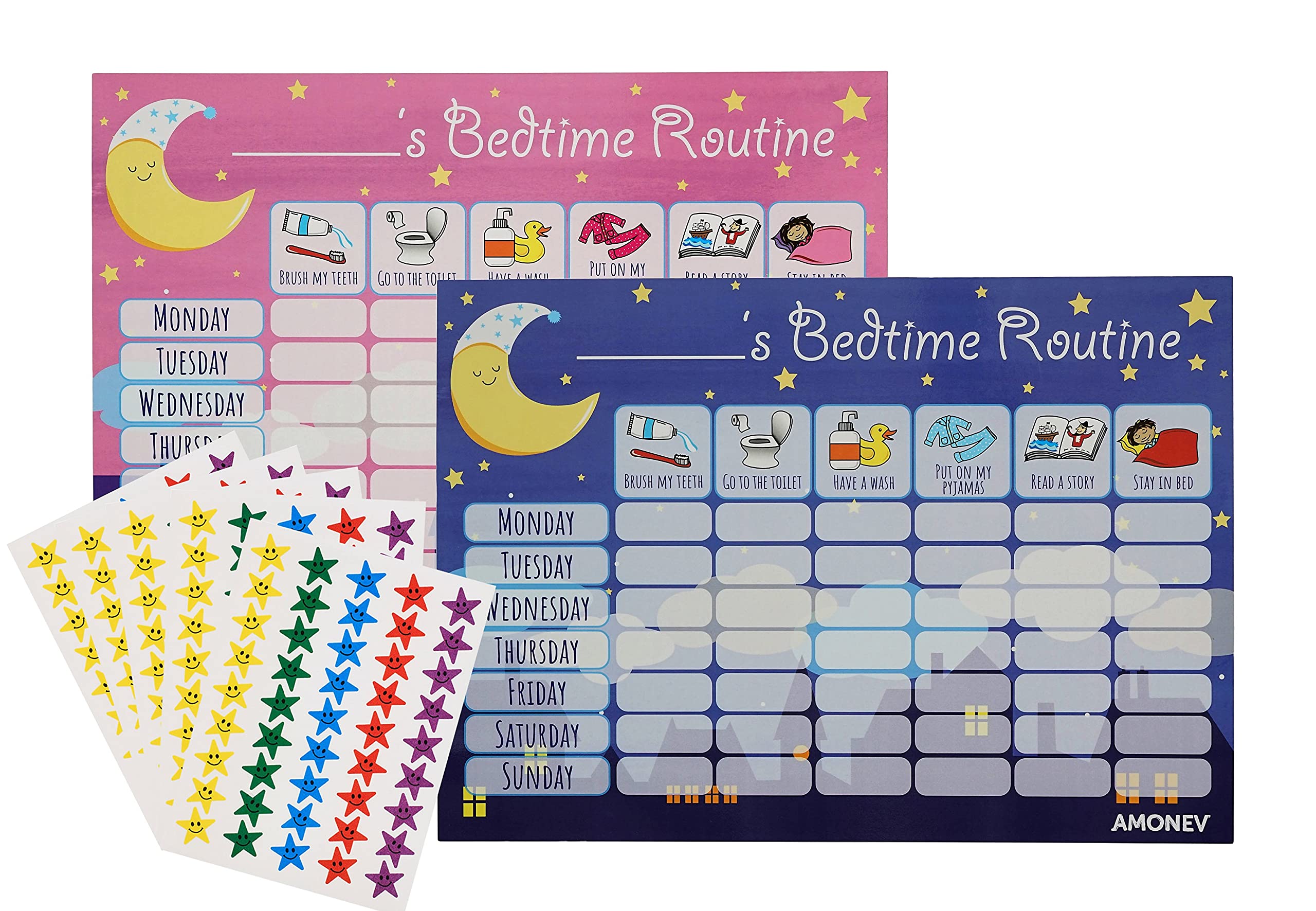 Amonev Bedtime Routine Chart Reward Chart for Sleep Training Twin Pack chart for Boys Girls toddlers and young Children with 225