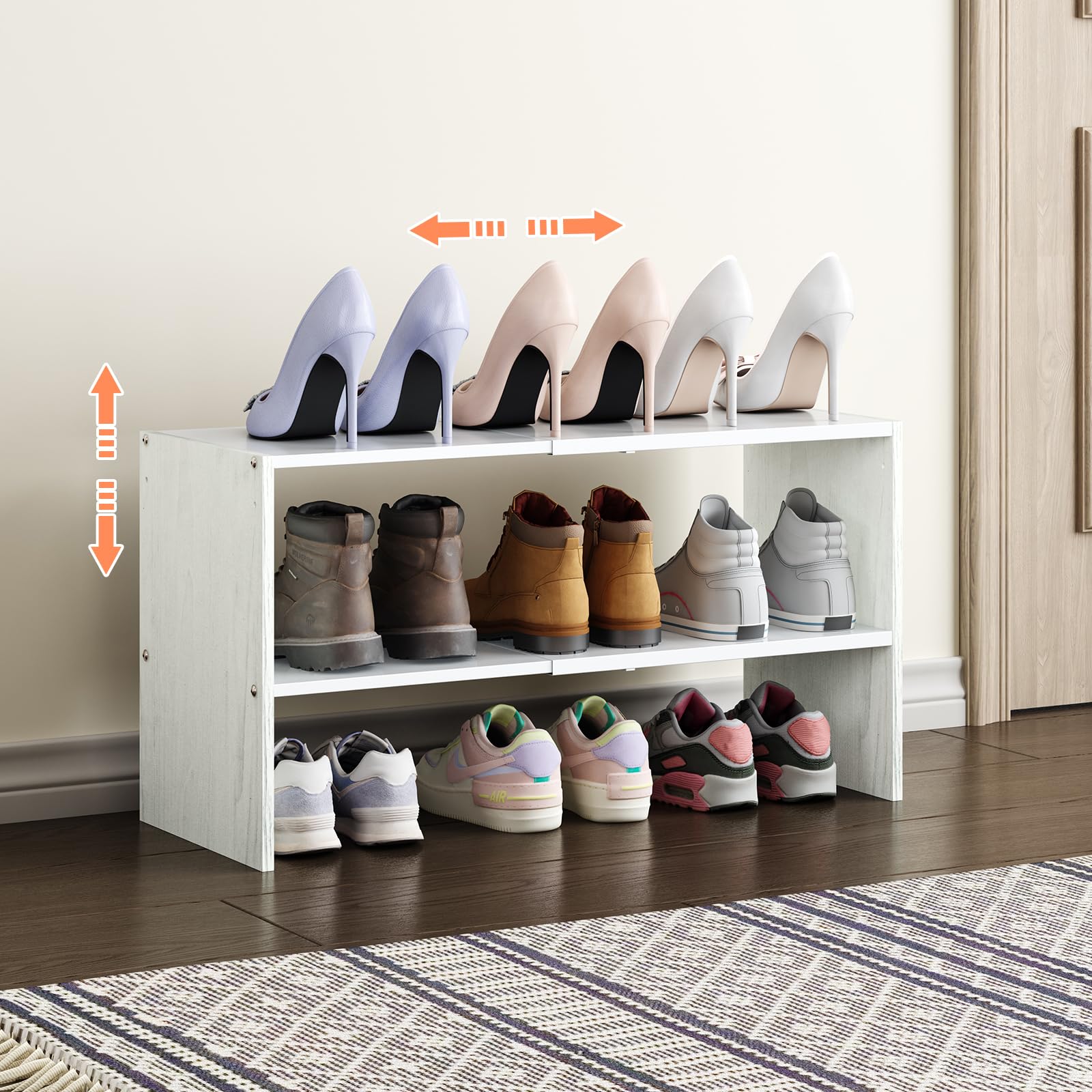 X-cosrack 2-Tier Small Shoe Rack Organizer for Closet, Expandable and Adjustable White Shoe Rack, Stackable Iron Wood Combinatio
