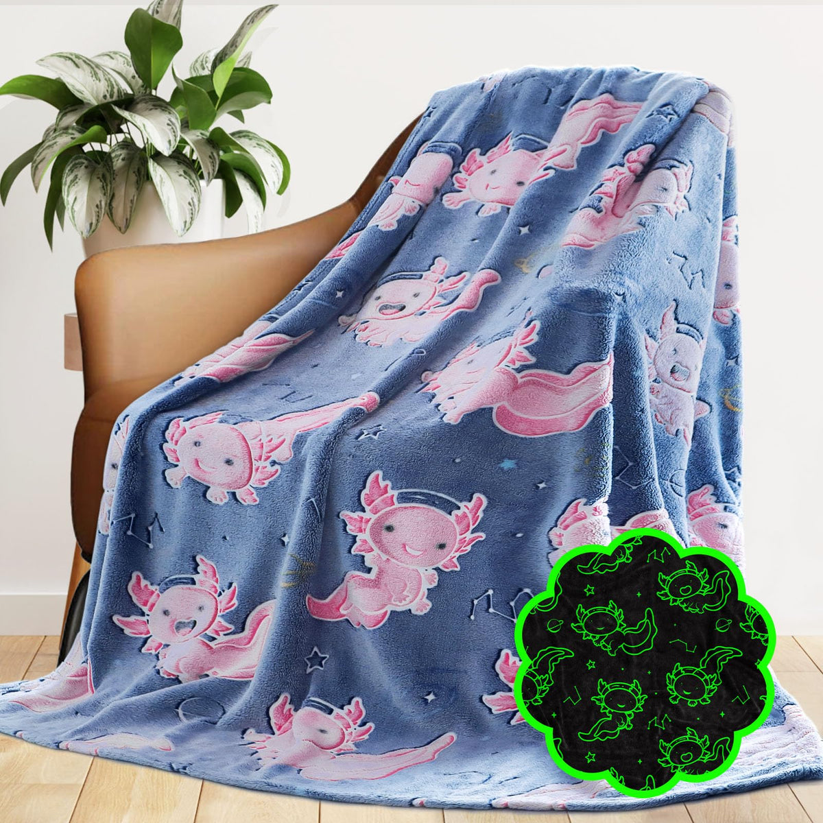 Glow In The Dark Blanket Axolotl Pink Gifts Toys Decor For Kids Girls Cute Cozy Soft Glowing Salamander Twin Size Blue Throw Bla