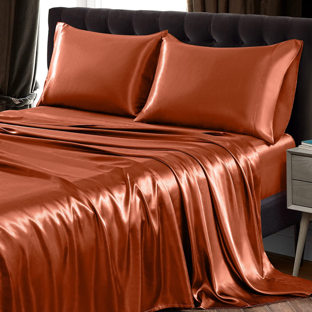 Siinvdabzx 4Pcs Satin Sheet Set Queen Size Ultra Silky Soft Autumn Orange Satin Queen Bed Sheets With Deep Pocket, 1 Fitted Shee