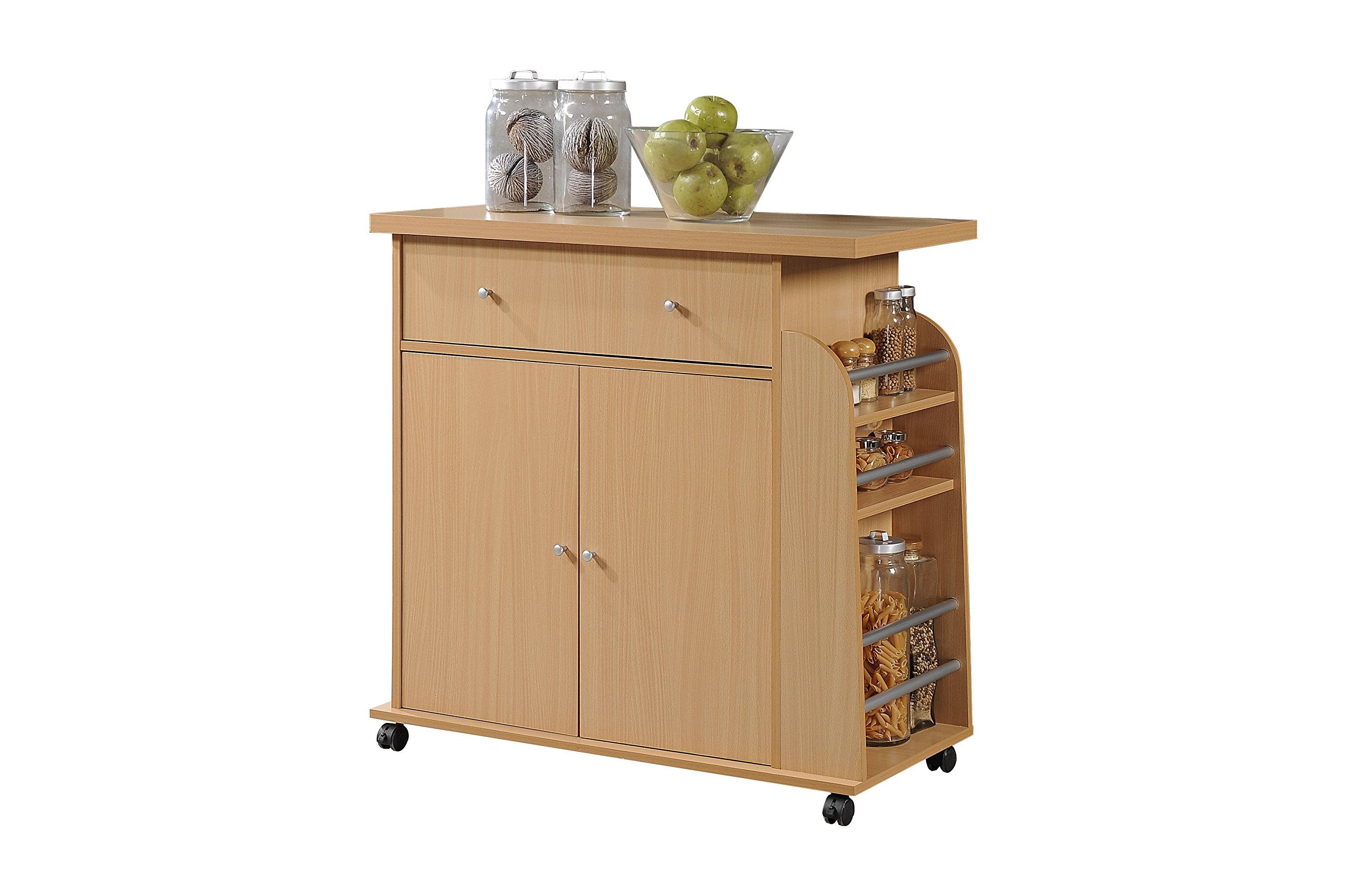 Hodedah Import Kitchen Island with Spice Rack and Towel Rack, Beech