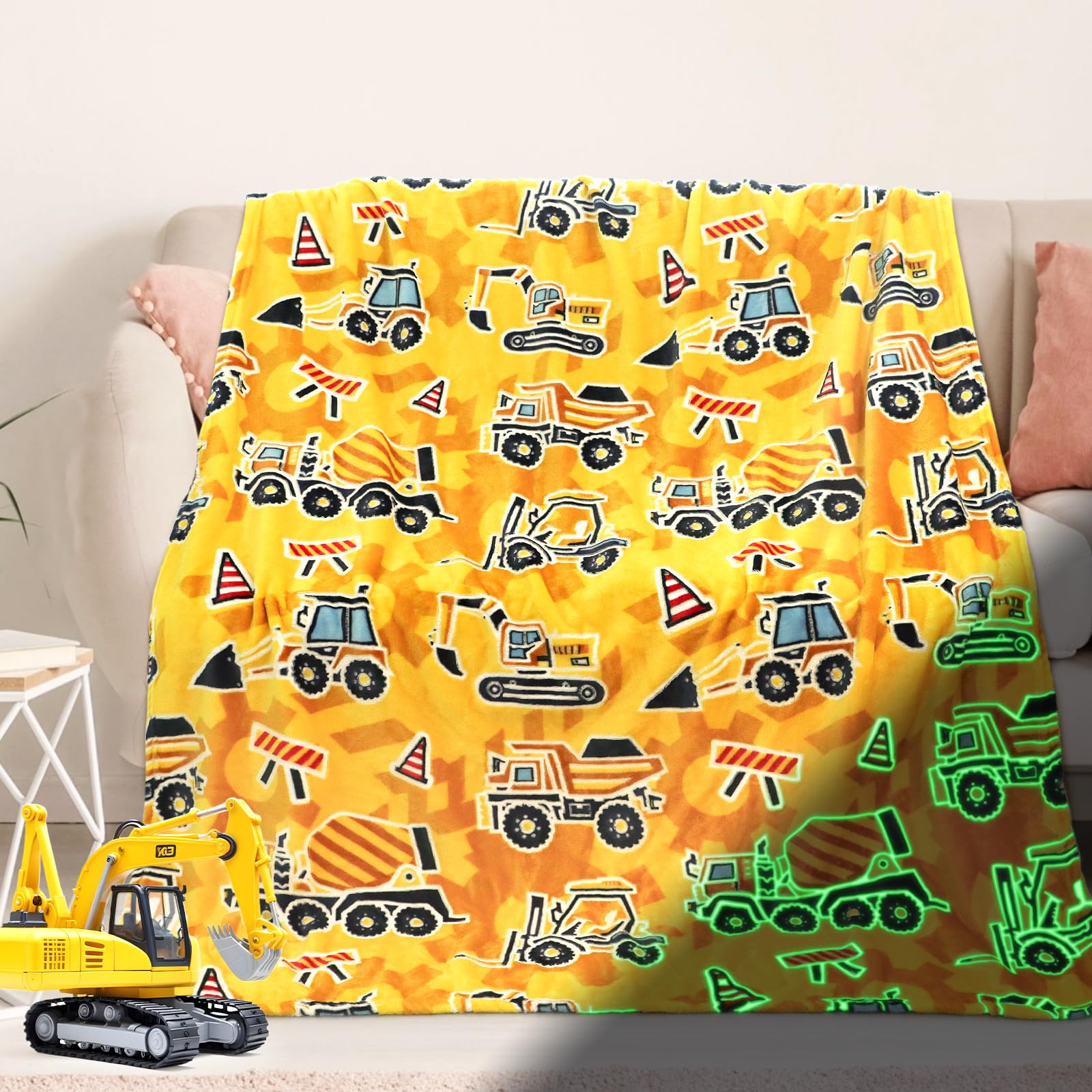 Excavator Blanket Construction Gifts for Kids Glow in The Dark Truck Blanket Soft Tractor Toys Throw Blankets Boys Car Theme Dec