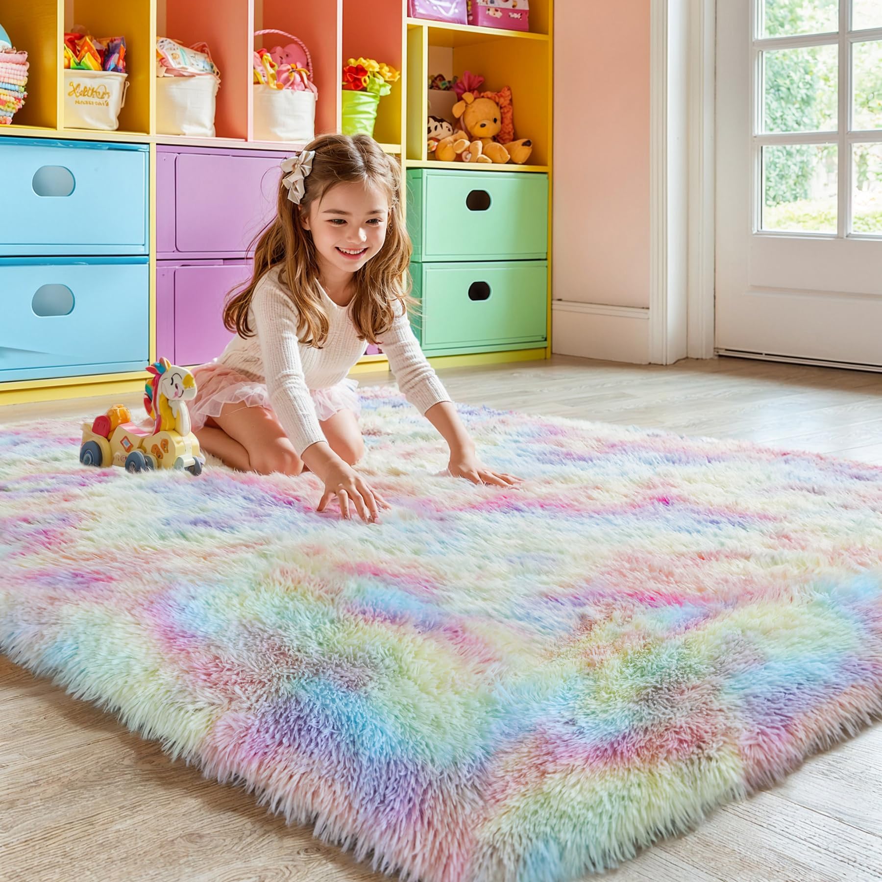 KCHOWUA 3x5 Unicorn Thick Fluffy Fuzzy Rugs for Girls Bedroom,Machine Washable Non Slip Pastel Shag Shaggy Rug for Living Room,T