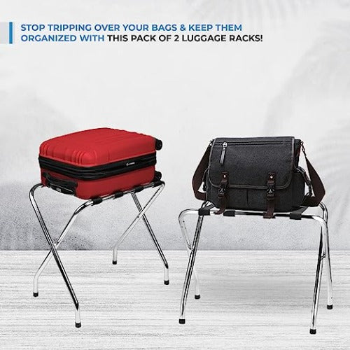 Foldable X-Shape Luggage Rack with Nylon Straps & Rubber Feet, Chrome Finish