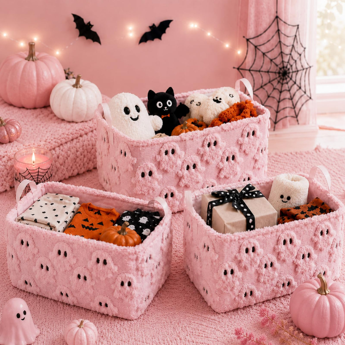 Kathfly 3 Pcs Halloween Storage Baskets Pink Ghost Laundry Basket
