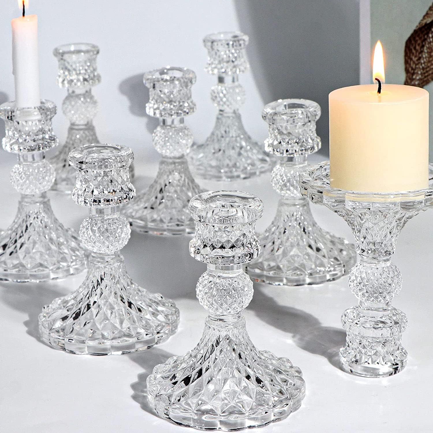 DARJEN Candlestick Holders Set,12Pcs 4 H Taper Candle Holders Bulk, Clear Glass Candle Holders for Wedding, Spring Party, Romant