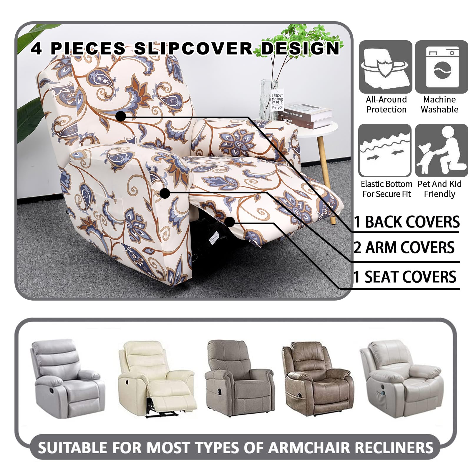 Crfatop Stretch Recliner Cover 4-Pieces 1 Seat Recliner Chair Slipcovers Printed Fallon Collection Slipcover Recliner Lazy Boy F