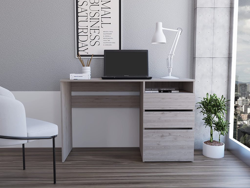 Kenai Computer Desk with 3 Drawers and Open Shelf, Light Gray