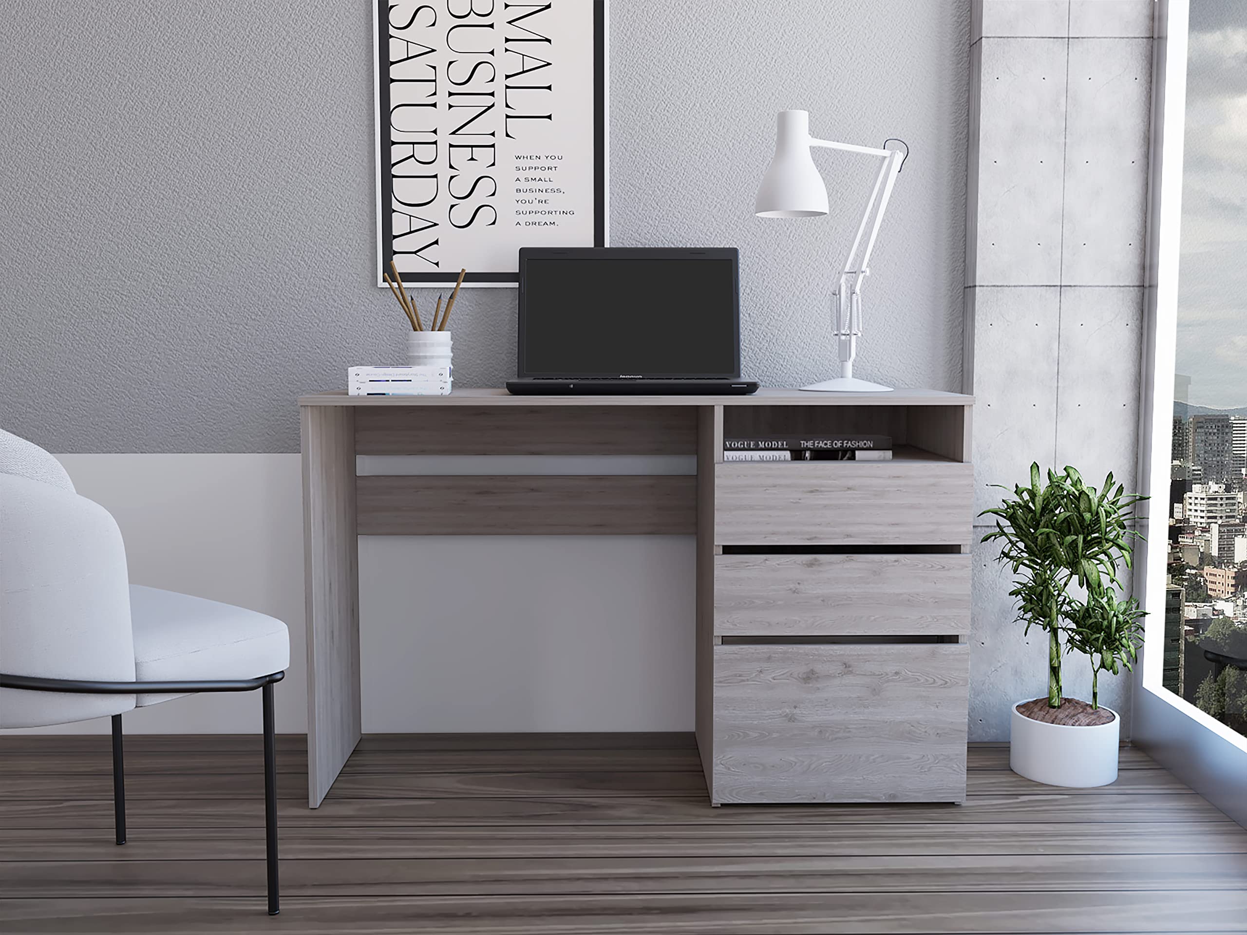Kenai Computer Desk with 3 Drawers and Open Shelf, Light Gray