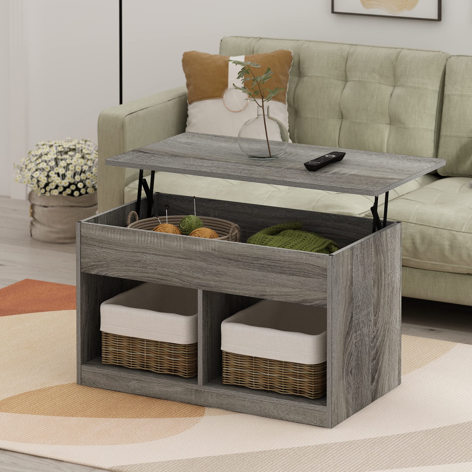 Furinno Jensen Living Room Lift Top Coffee Table with Hidden Compartment, French Oak Grey