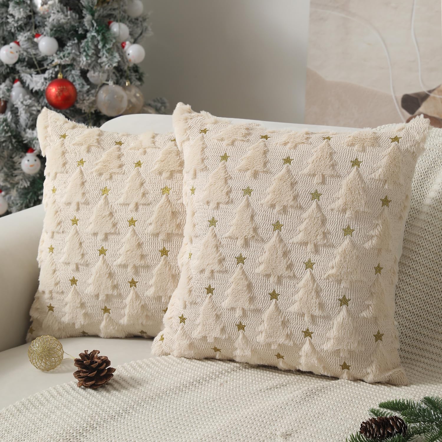 Allorry Christmas Pillow Covers 16 X 16 Inch Set Of 2 Beige Christmas Tree Pillow Covers Decorations Plush Faux Fur Soft Cushion