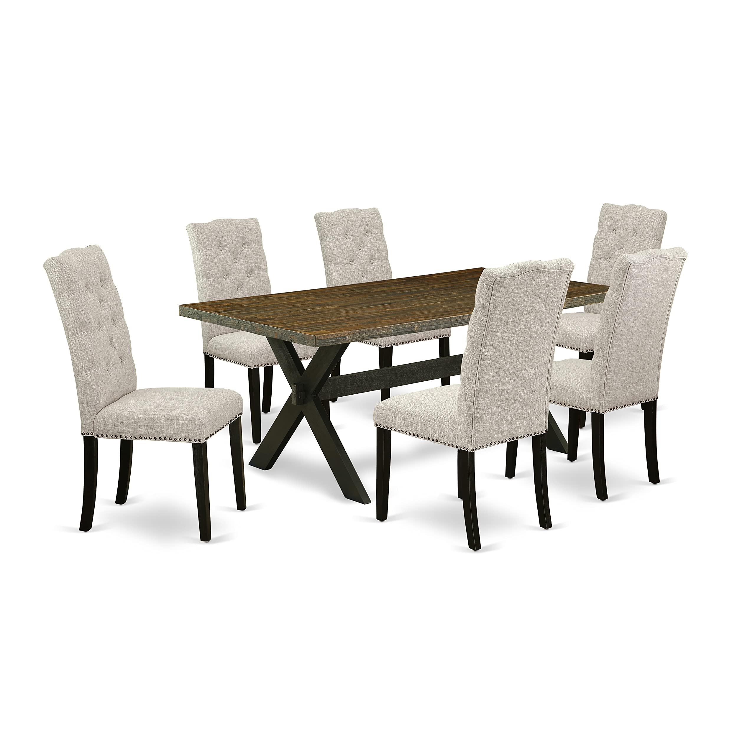 East West Furniture X677El635-7 7-Piece Dining Table Set - Dining Table Rectangular Top And 6 Parson Dining Chairs Padded Seat And Back (Distressed Espresso & Wire Brushed Black Finish)