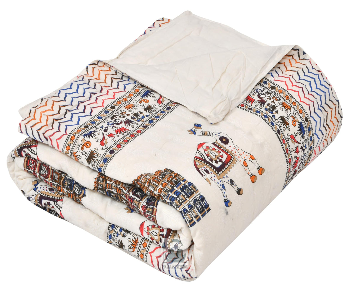 PINAARAS INTERIOR 400 Tc Pure Cotton Traditional Jaipuri Animals Design Printed Light Weight Single Bed Quilt/Razai/Rajai (Anima