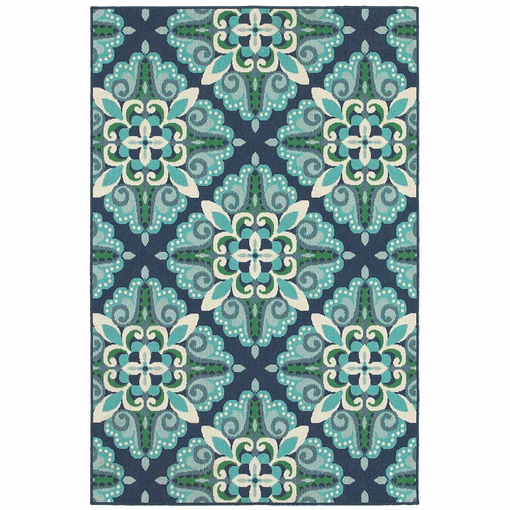 HomeRoots Polypropylene 7’x10’ Blue and Green Floral Indoor Outdoor Area Rug