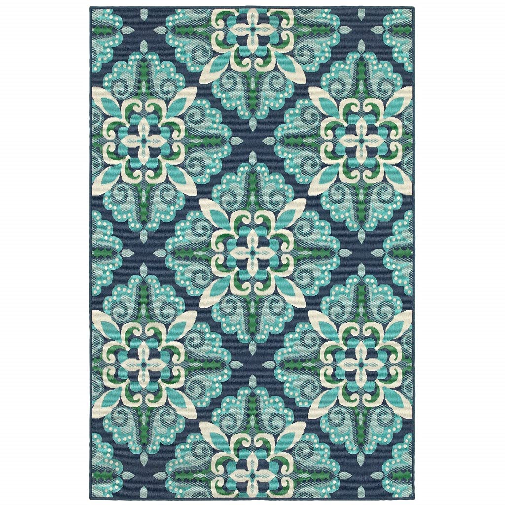 HomeRoots Polypropylene 5’x8’ Blue and Green Floral Indoor Outdoor Area Rug