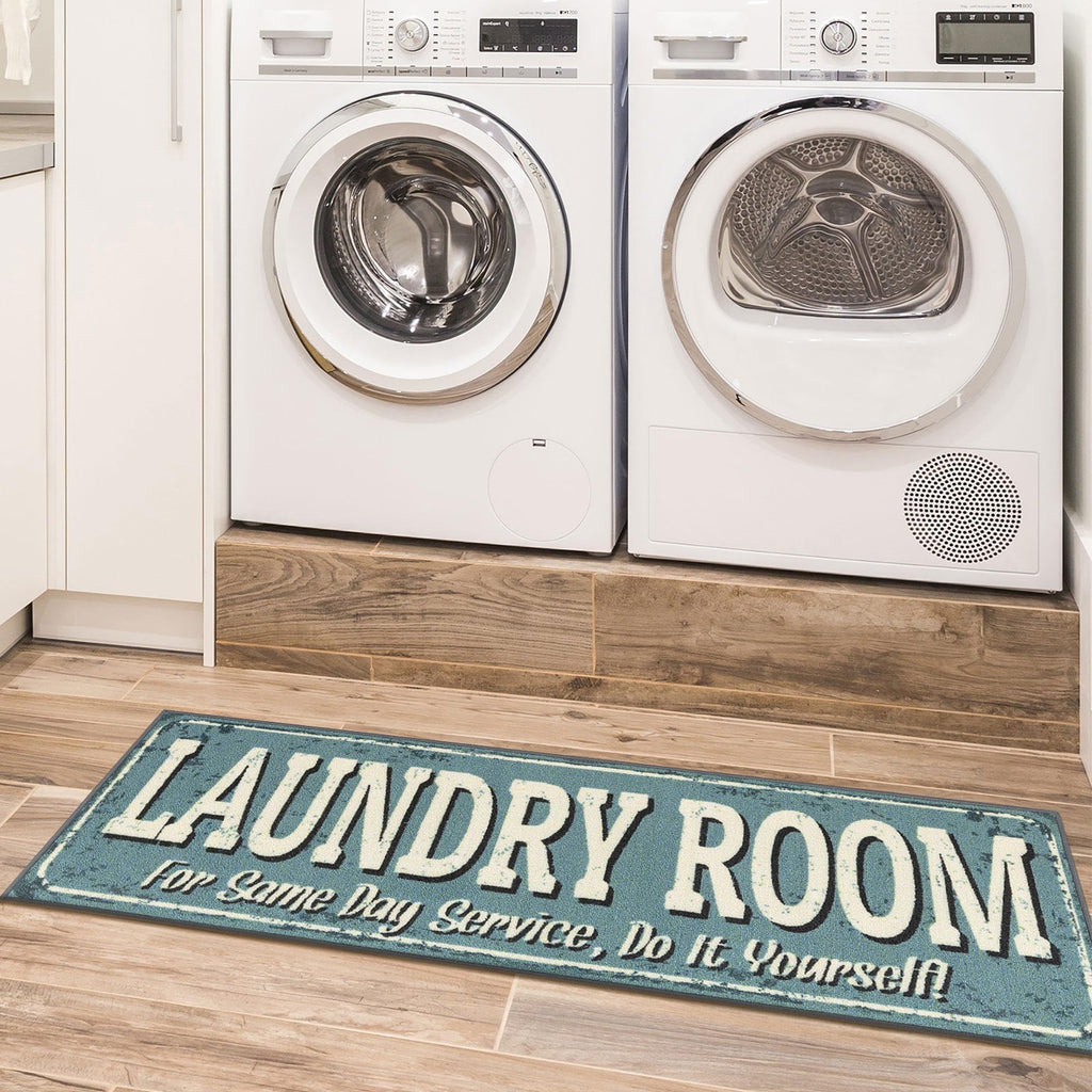 Machine Washable Text Design Rug Non-Slip Rubberback 2x5 Laundry Room Runner Rug for Bathroom, Washroom, 20'' x 59'', Baby Blue