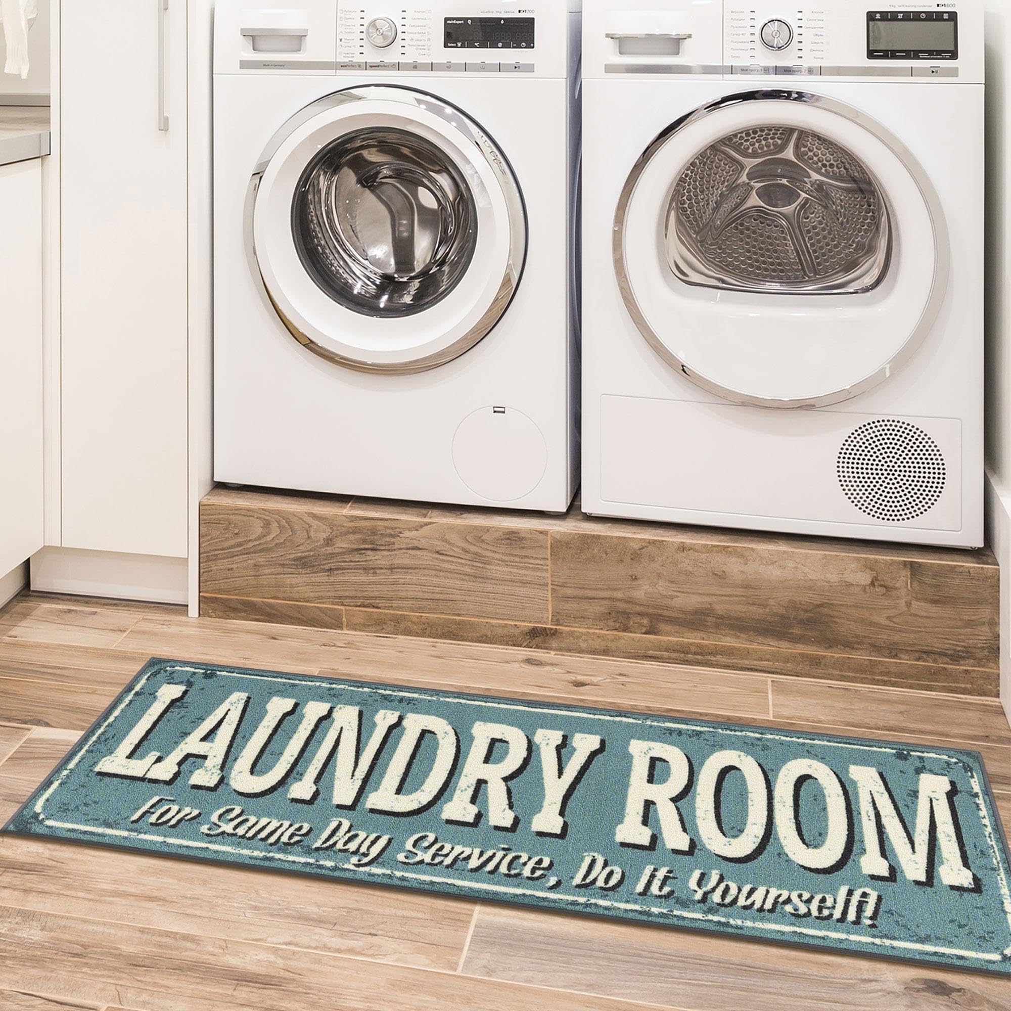 Machine Washable Text Design Rug Non-Slip Rubberback 2x5 Laundry Room Runner Rug for Bathroom, Washroom, 20'' x 59'', Baby Blue
