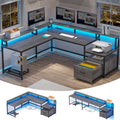 Sedeta L Shaped Office Desk, 66' Home Office Desk With File Drawer & Power Outlet, Gaming Desk With Led Lights, Corner Computer Desk With Monitor Shelf, Printer Storage Shelves, Two Person Desk, Grey