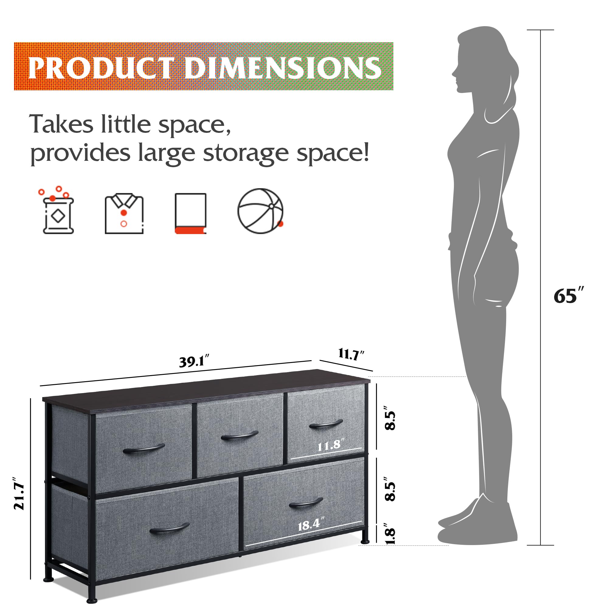 Wlive Dresser For Bedroom With 5 Drawers, Wide Chest Of Drawers, Fabric Dresser, Storage Organizer Unit With Fabric Bins For Closet, Living Room, Hallway, Dark Grey