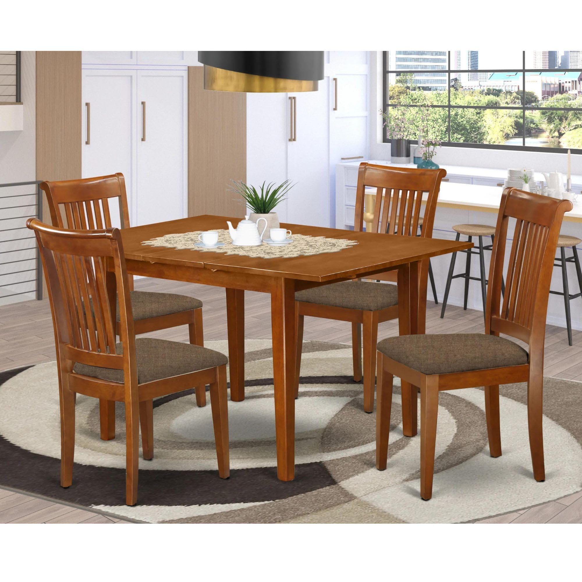 East West Furniture MLPO5-SBR-C Milan 5 Piece Set Includes a Rectangle Dining Table with Butterfly Leaf and 4 Linen Fabric Kitchen Room Chairs, 36x54 Inch, Saddle Brown