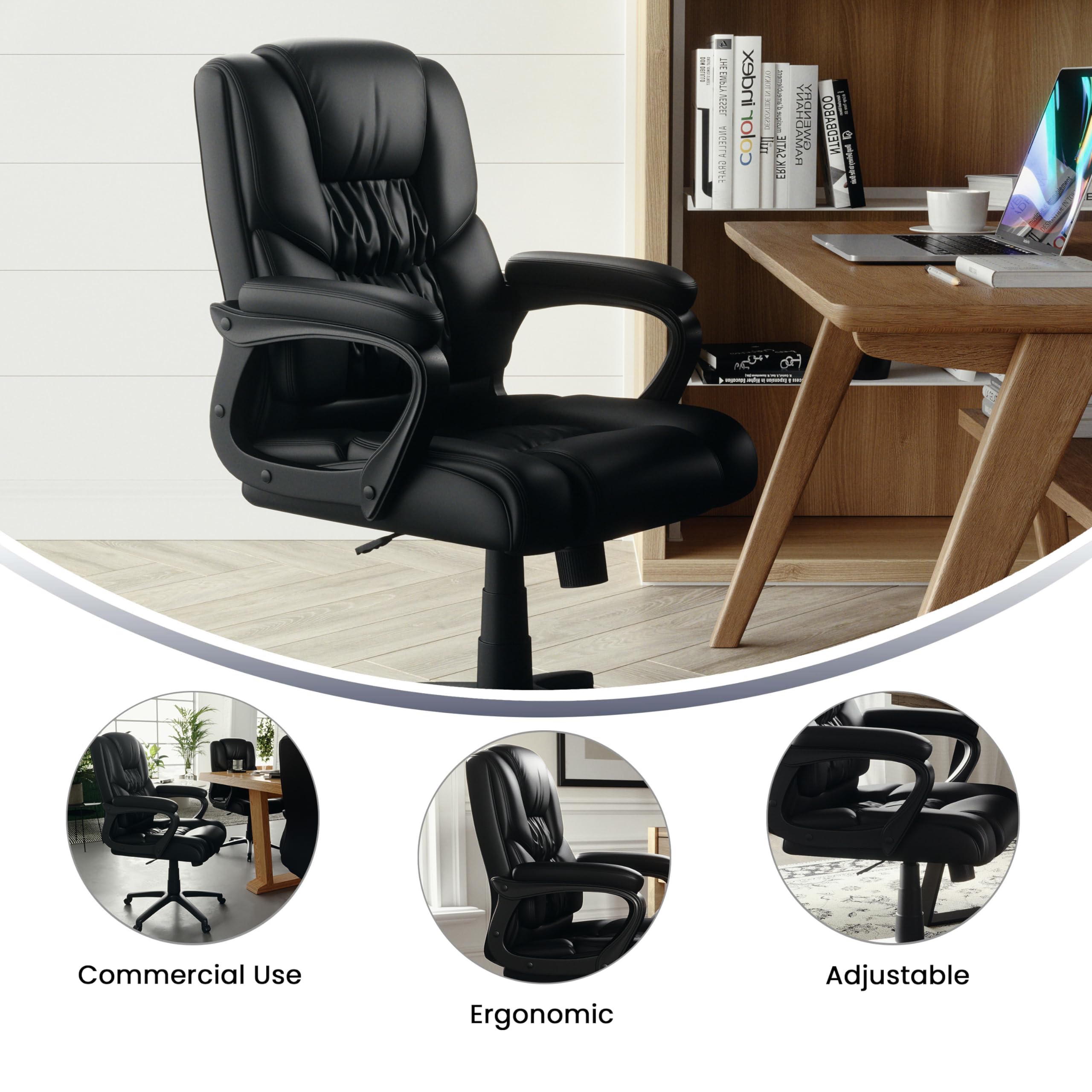 Flash Furniture Fundamentals Big & Tall Swivel LeatherSoft Office and Gaming Chair, Ergonomic Office Chair with Padded Armrests and Adjustable Height, Black