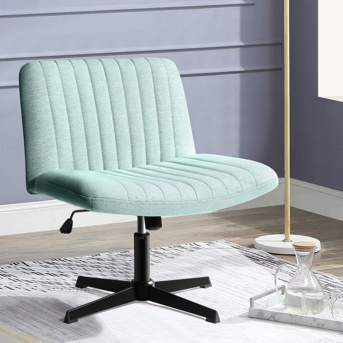 Pukami Criss Cross Chair,Armless Cross Legged Office Desk Chair No Wheels,Fabric Padded Modern Swivel Height Adjustable Mid Back Wide Seat Computer Task Vanity Chair For Home Office(Mint Green)