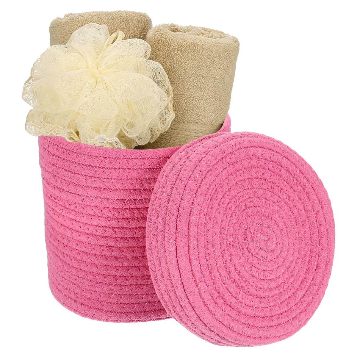uxcell Rose Red Small Cotton Rope Woven Storage Basket, Cute Mini Tiny Round Organization Storage Bins Shelf Closet for Nursery 