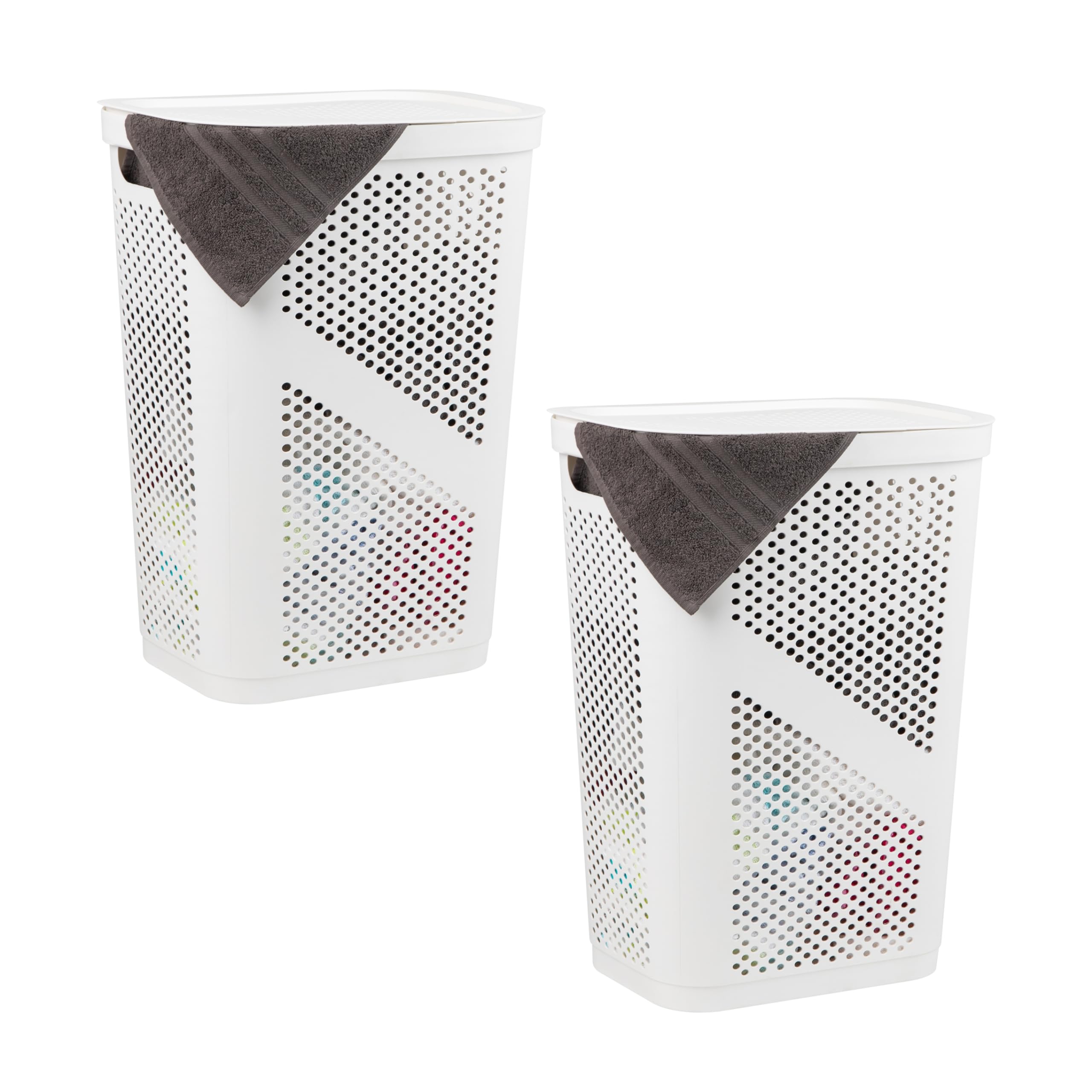 Mind Reader 60L Slim Laundry Hamper, Clothes Basket, Lid, Ventilated, Plastic, 17.25''L x 13.75''W x 23.5''H, Set of 2, White